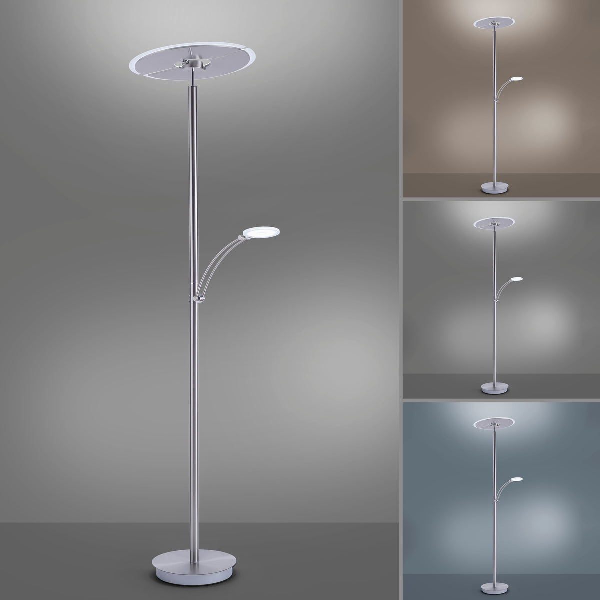 Vue composite du lampadaire avec trois petites images des ambiances lumineuses.
