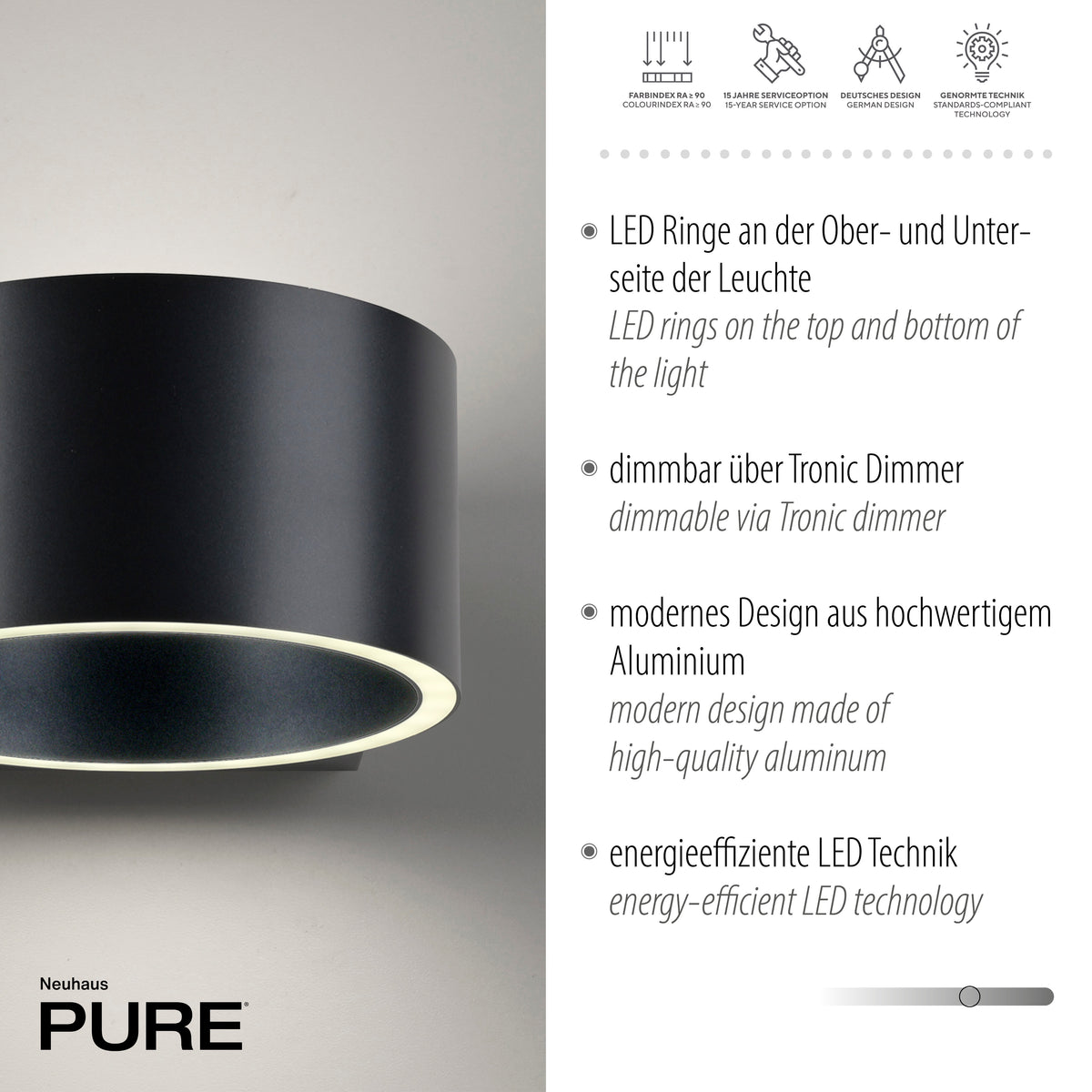 Détail du luminaire avec texte produit sur les anneaux LED haut et bas, aluminium moderne.