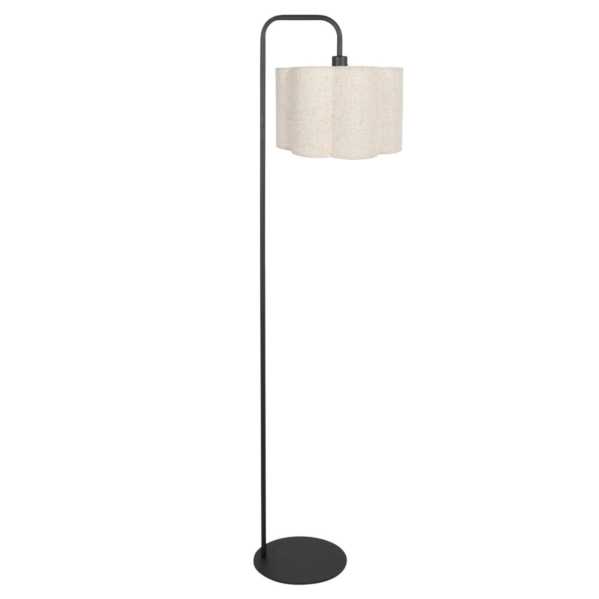 Lampadaire noir entier vu de face, abat-jour crème festonné, fond blanc