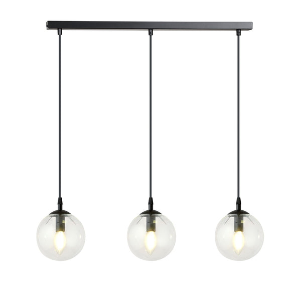 Suspension Cosmo 3 lumières noire, verre transparent