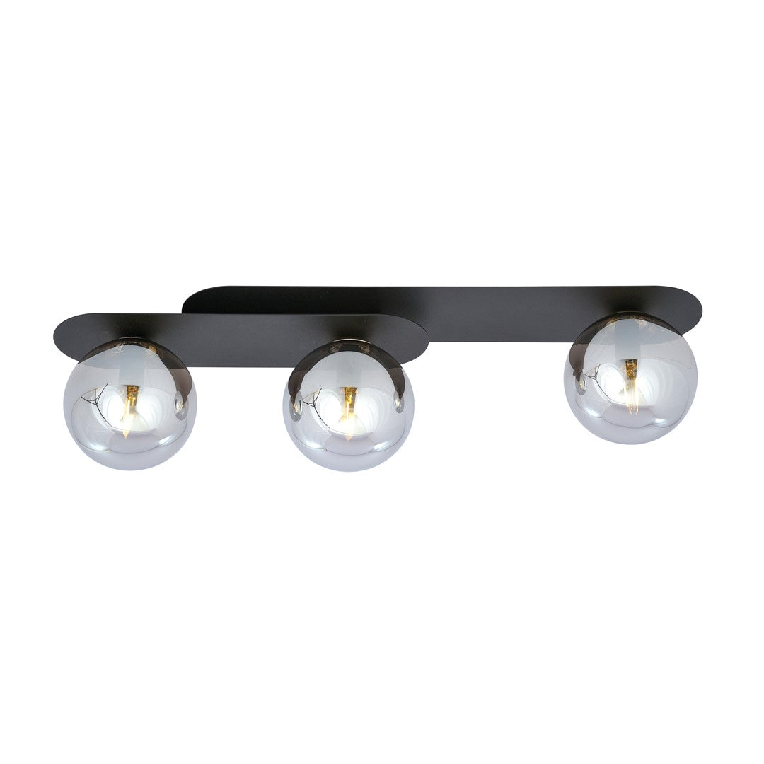 Plafonnier noir à trois globes transparents présenté de face sur fond blanc.