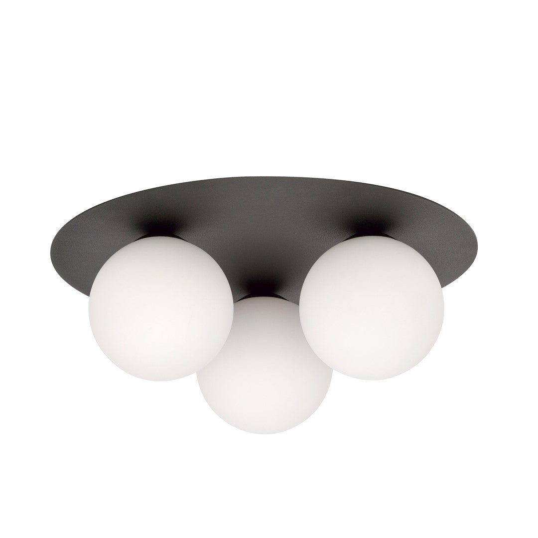 Vue de face du plafonnier éteint, globes opalins blancs et platine ronde noire.