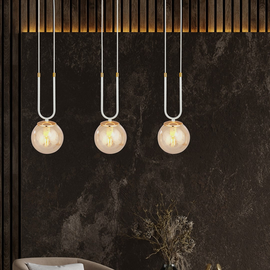 Suspension Glam 3 lumières blanche, verre ambré