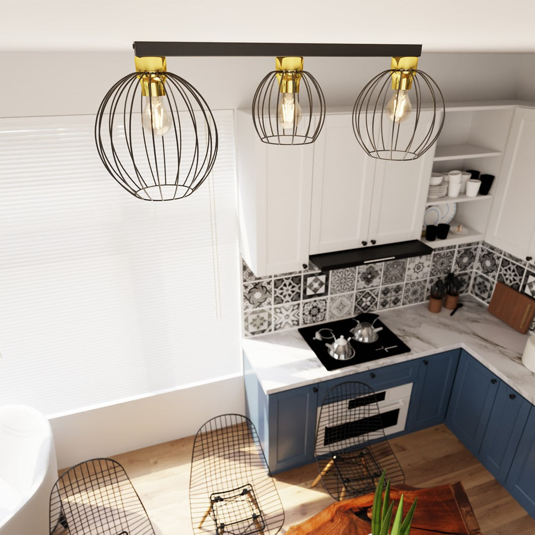 Suspension Nest 3 lumières noire et dorée