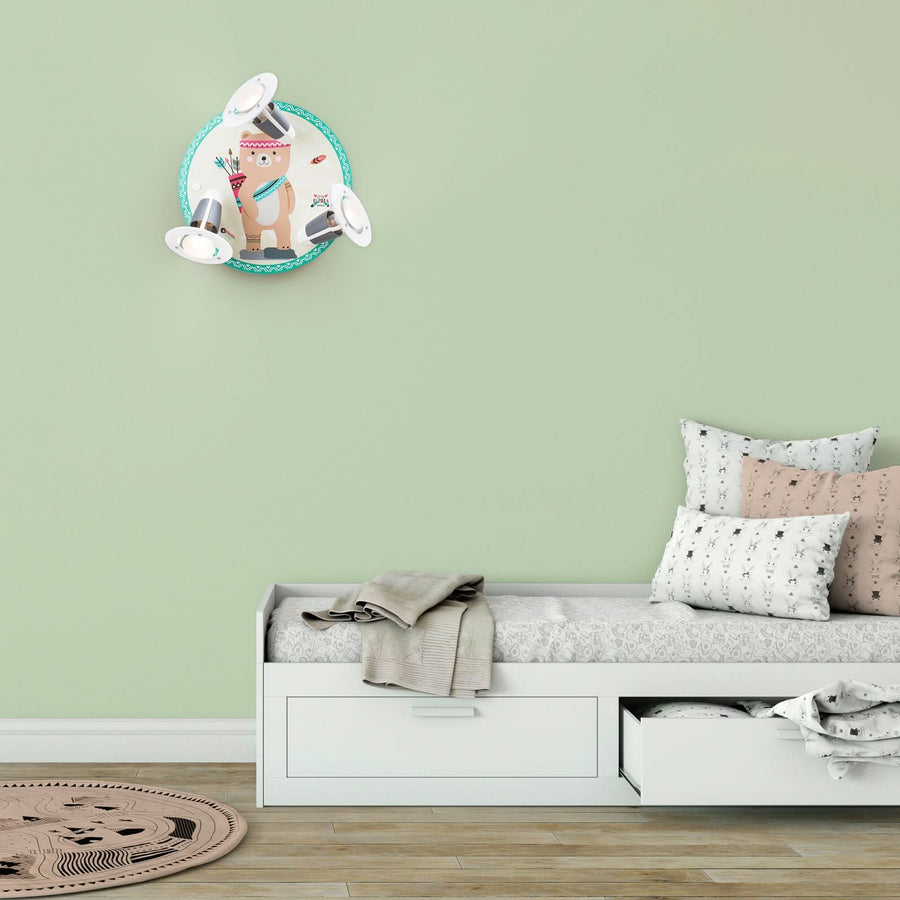 Applique murale Little Indians en bois, jaune et vert, 3 lumières, Ø 30 cm