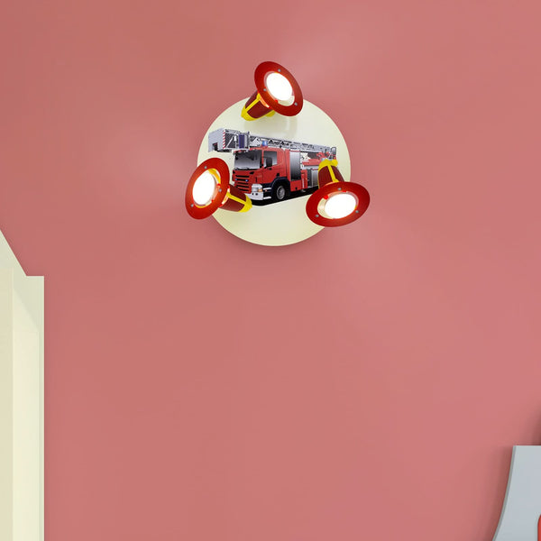 Applique murale Camion en bois, rouge et jaune, 3 lumières, Ø 30 cm