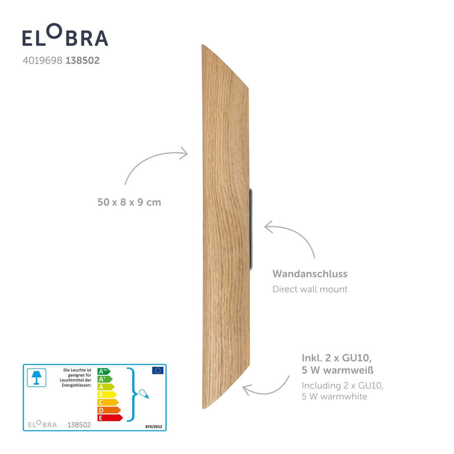 Applique murale Colombia en bois, chêne, 2 lumières, hauteur 38 cm, 5 W, largeur 8 cm