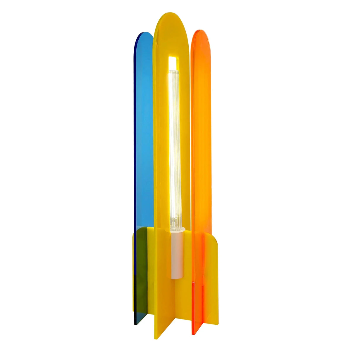 Lampe de table à poser, panneaux acryliques jaune, bleu et orange, vue de face