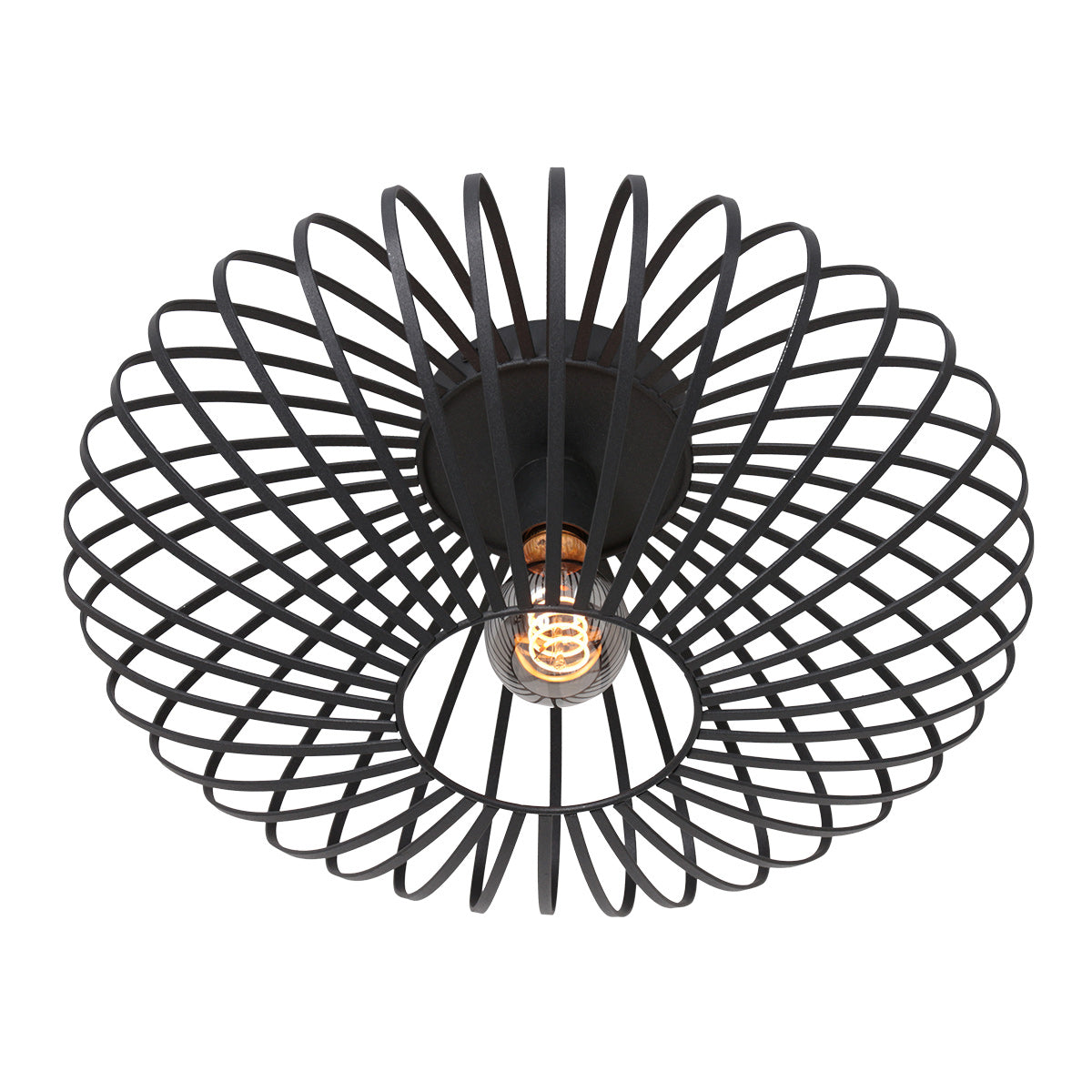 Vue de dessous du plafonnier noir allumé, montrant la cage métallique en fleur