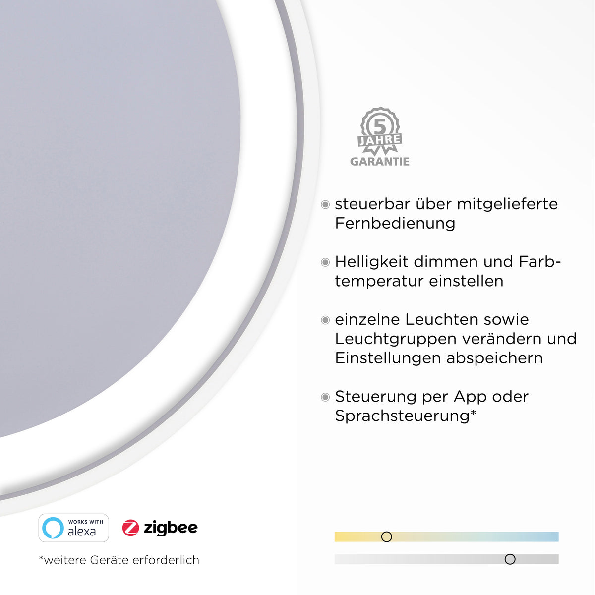 Détail de l'anneau et du diffuseur avec mentions garantie cinq ans et compatibilité Zigbee