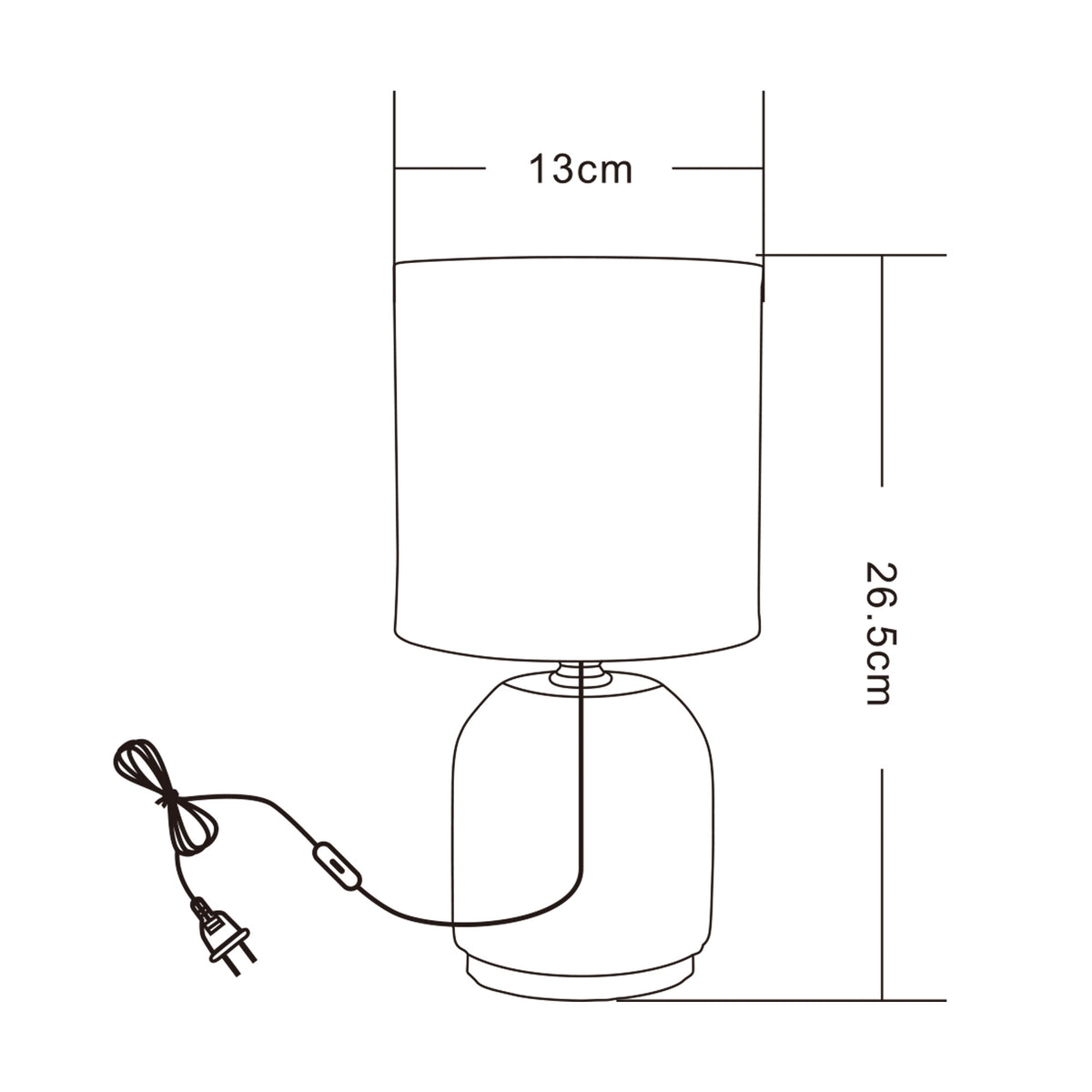 Schéma coté de la lampe indiquant 13 cm de diamètre et 26,5 cm de hauteur