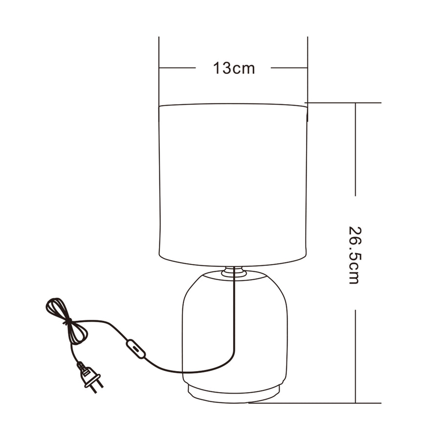 Schéma coté de la lampe indiquant 13 cm de diamètre et 26,5 cm de hauteur