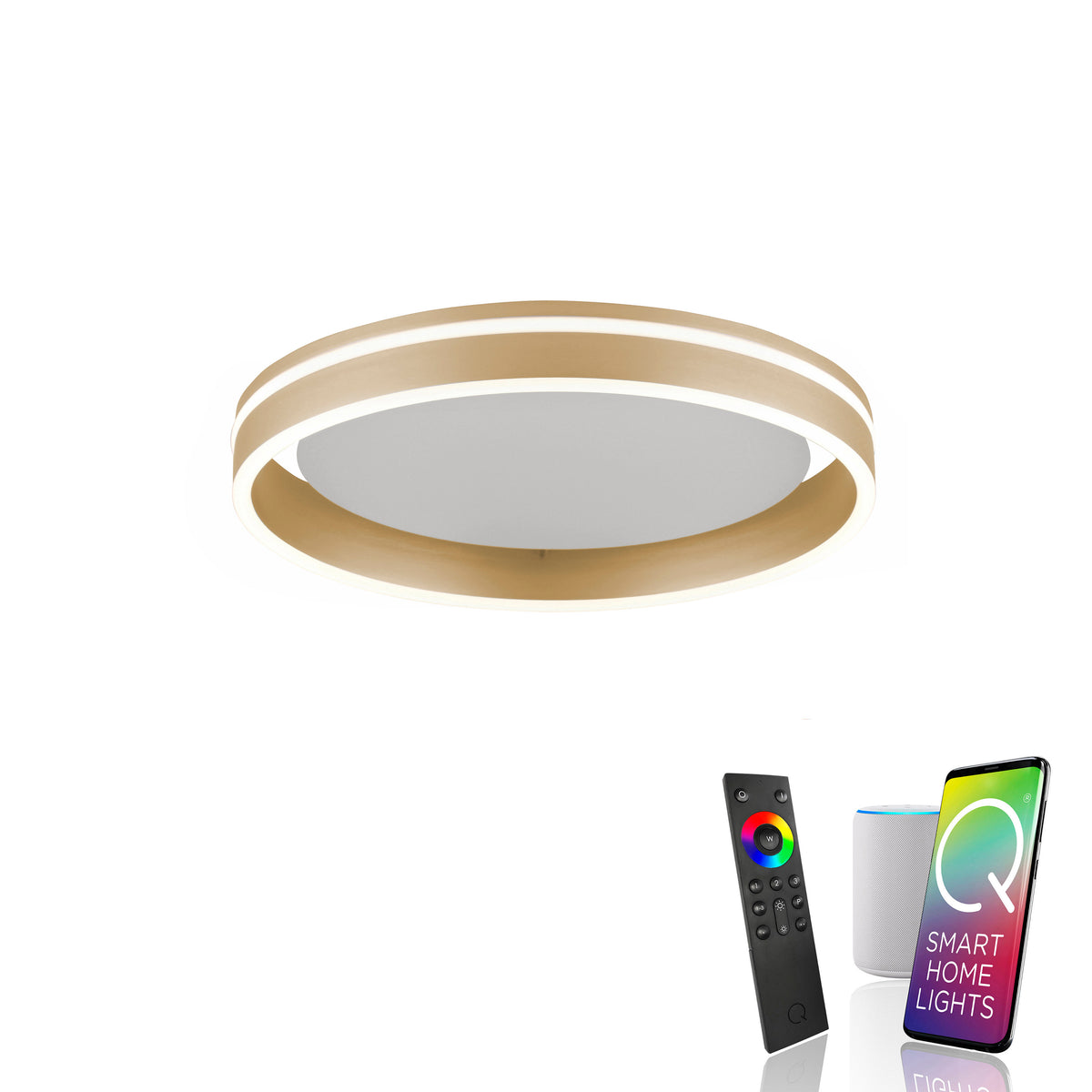 Vue de face du plafonnier rond avec télécommande et enceinte connectée.
