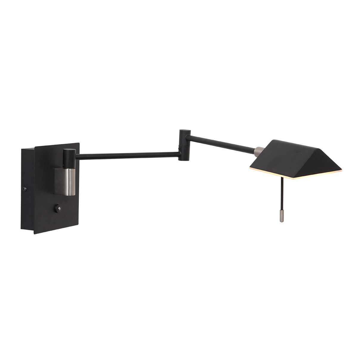 Vue de face de l'applique murale noire à bras articulé et port USB