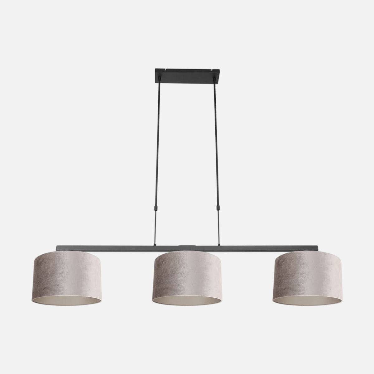 Suspension abat-jour Velsa, barre noire 140 cm et 3 abat-jours velours gris