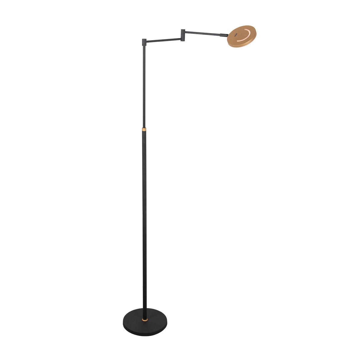 Lampadaire noir et doré, vue de trois quarts avec pied rond et bras incliné