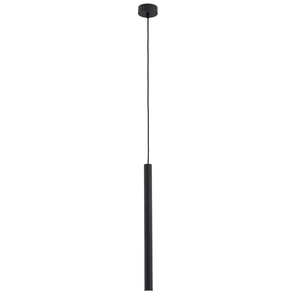 Version noire du luminaire suspendu, long tube vertical, vue de face sur fond blanc