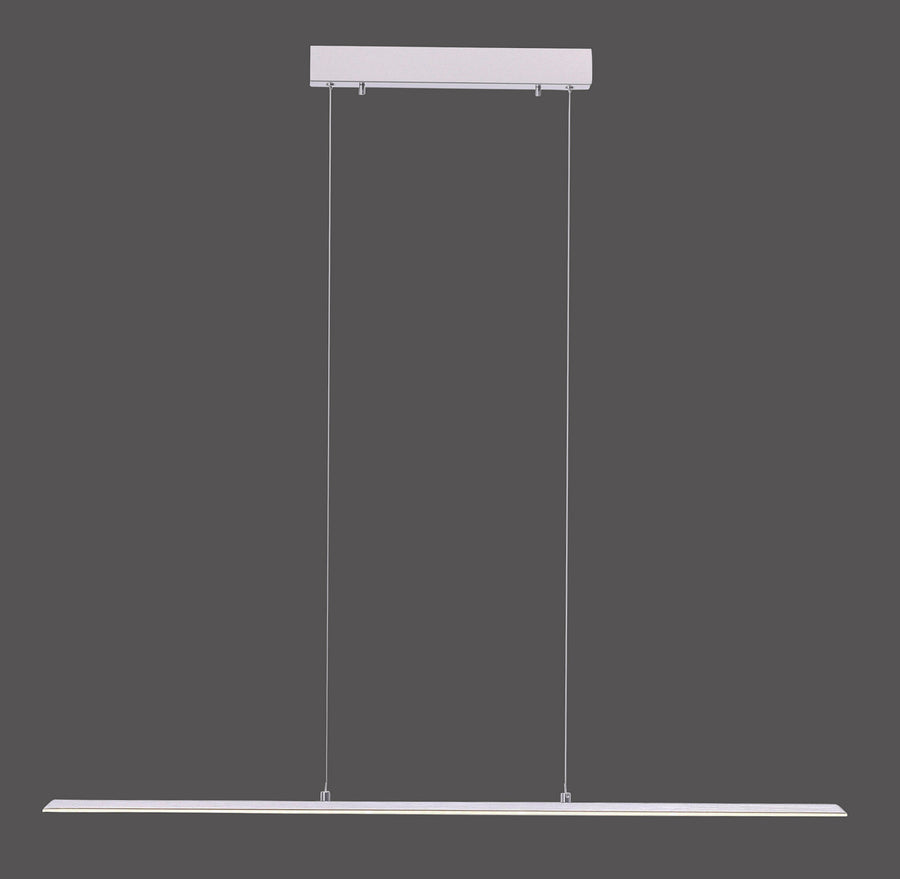 Suspension linéaire argentée vue de face sur fond gris foncé