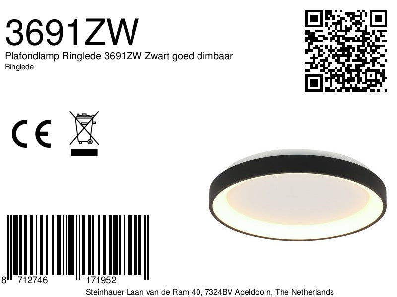 Lampe de plafond Ringlede 3691ZW LED noire Ø38 cm avec éclairage vers le haut