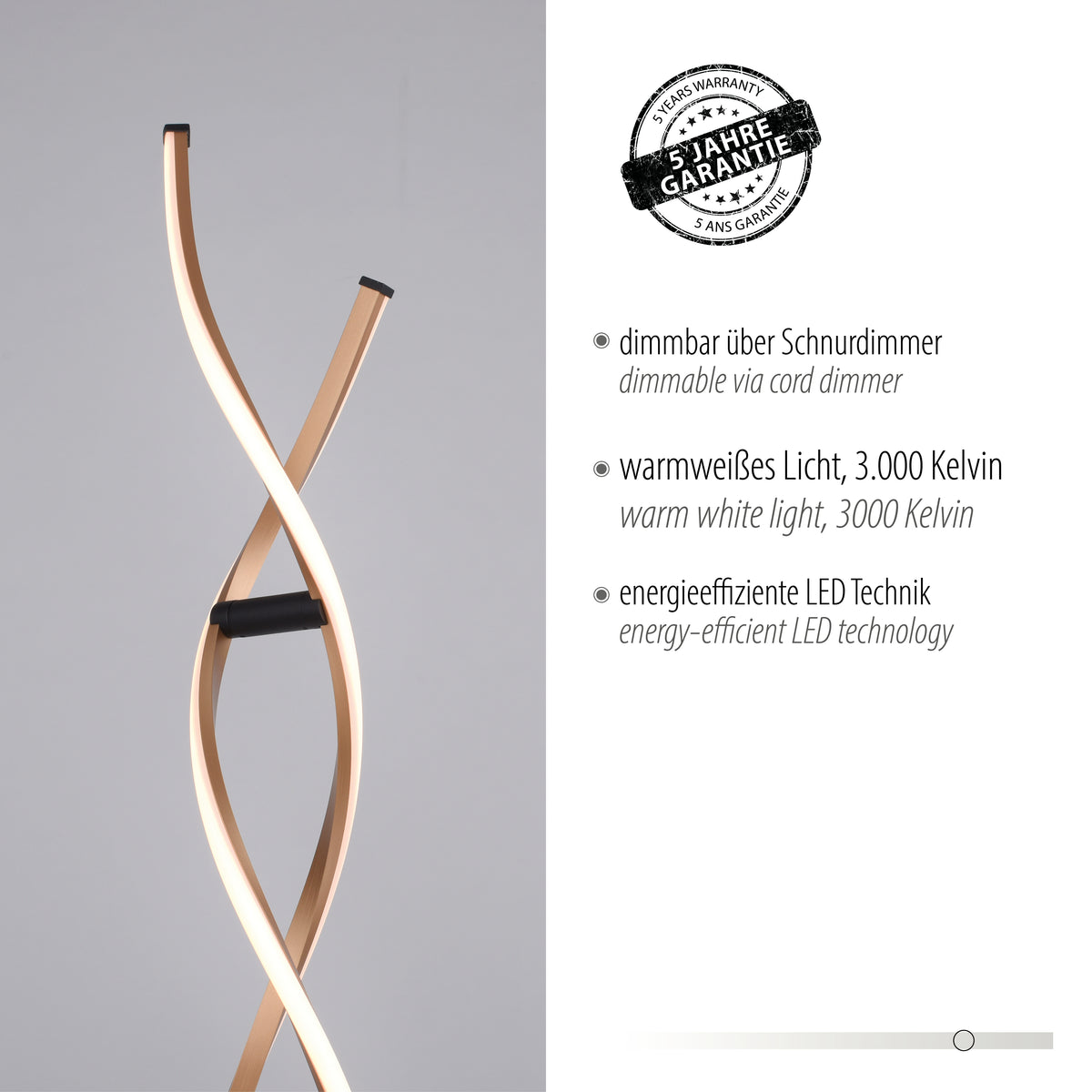 Gros plan du lampadaire avec tampon garantie cinq ans et mentions techniques