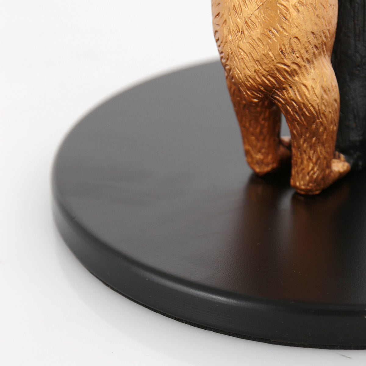 Gros plan sur les pattes dorées de l'ours et la base ronde noire de la lampe