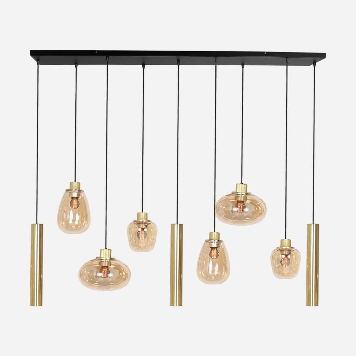 Luminaire suspendu salle à manger Reflexa, barre laiton 140 cm à 9 globes verre ambré et spots laiton