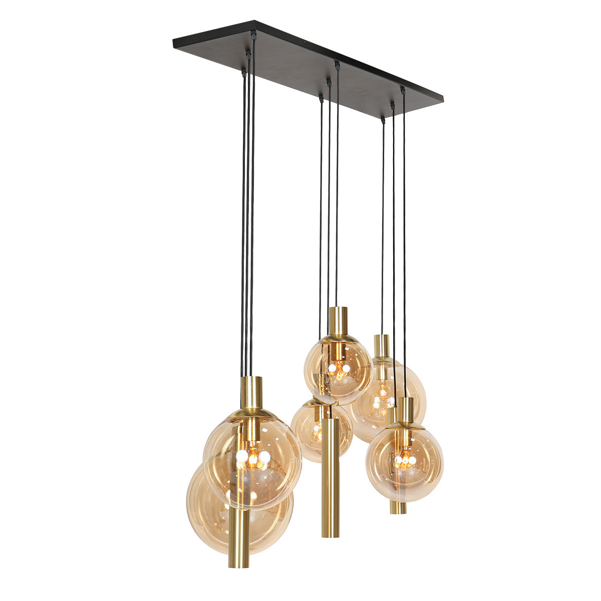 Suspension laiton Bollique, barre 9 lumières boules verre ambré et tubes laiton – Designix.fr