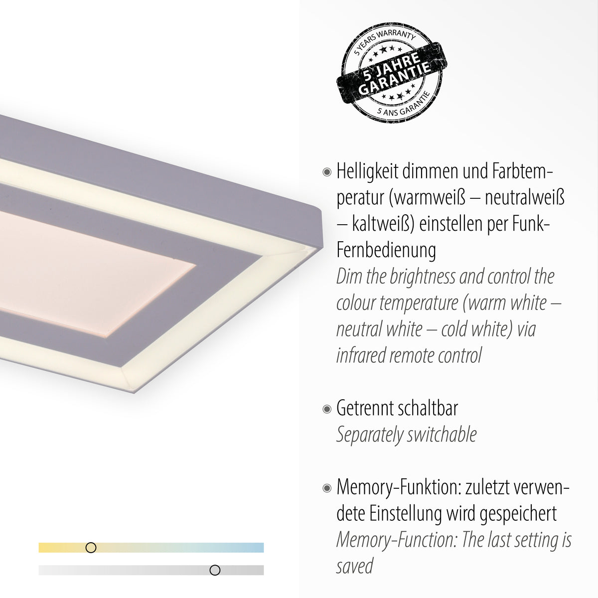 Détail de l'angle du luminaire avec fonctions variateur, température de couleur et garantie.