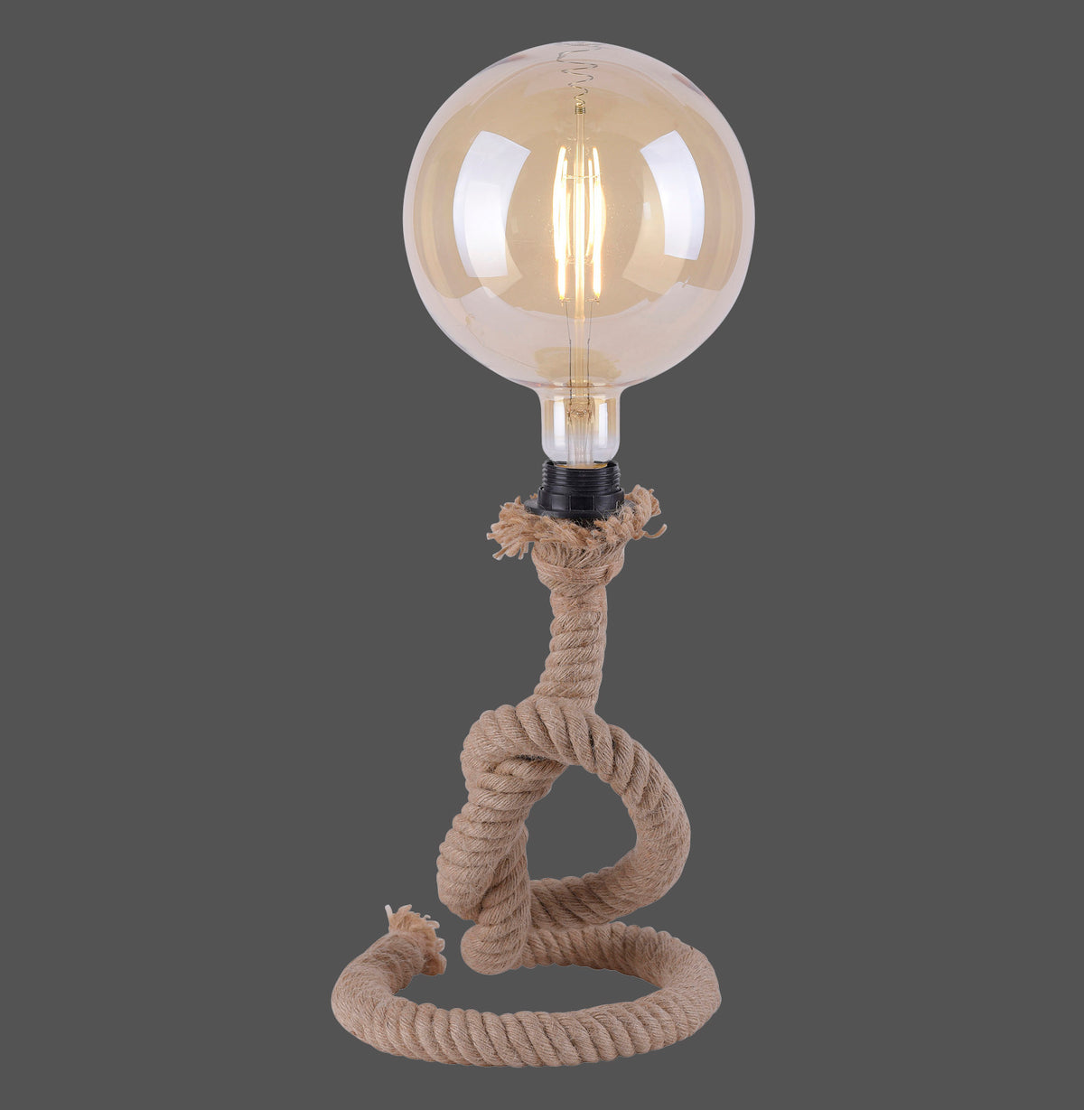 Lampe à poser en corde nouée avec ampoule globe allumée, vue de face sur fond gris