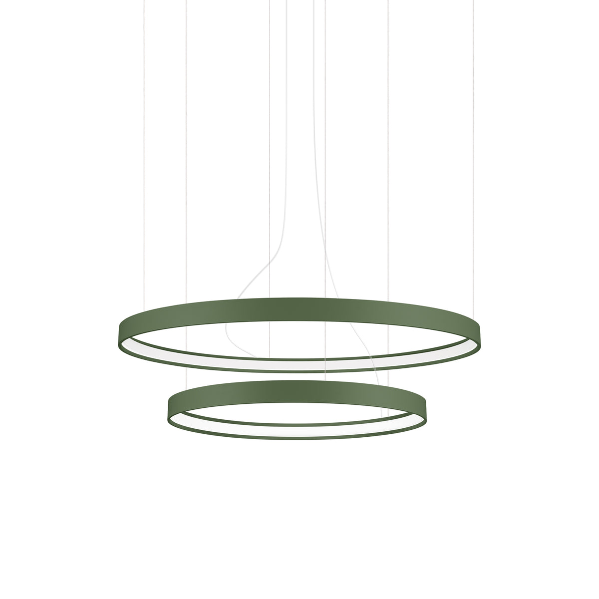 Lustre double anneau vert suspendu, éclairé par LED, présenté de face sur fond blanc.