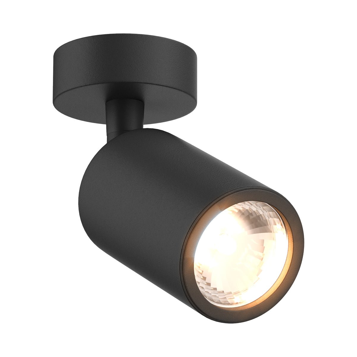 Spot de plafond noir orientable, tête cylindrique et diffuseur allumé.