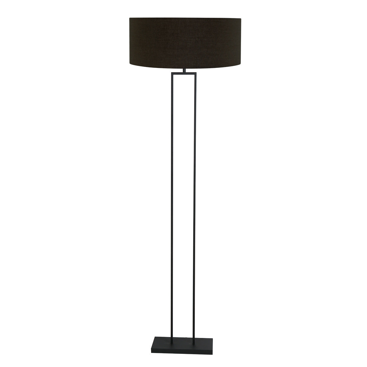 Lampadaire noir de face avec abat-jour cylindrique en lin noir.