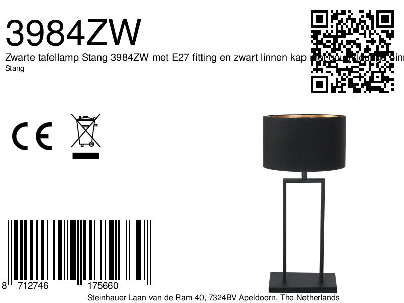 Lampe de table noire Stang 3984ZW avec abat-jour en lin noir et intérieur doré