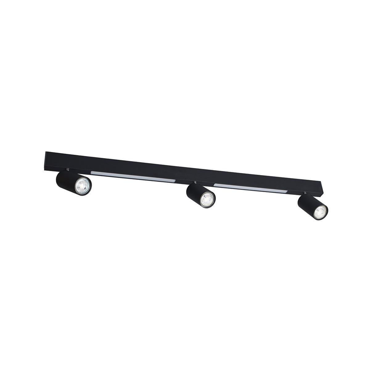 Plafonnier noir linéaire avec trois projecteurs cylindriques orientables sur rail, fond blanc.