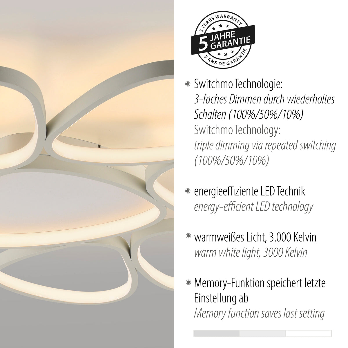 Gros plan du luminaire avec pastille garantie cinq ans et arguments produits