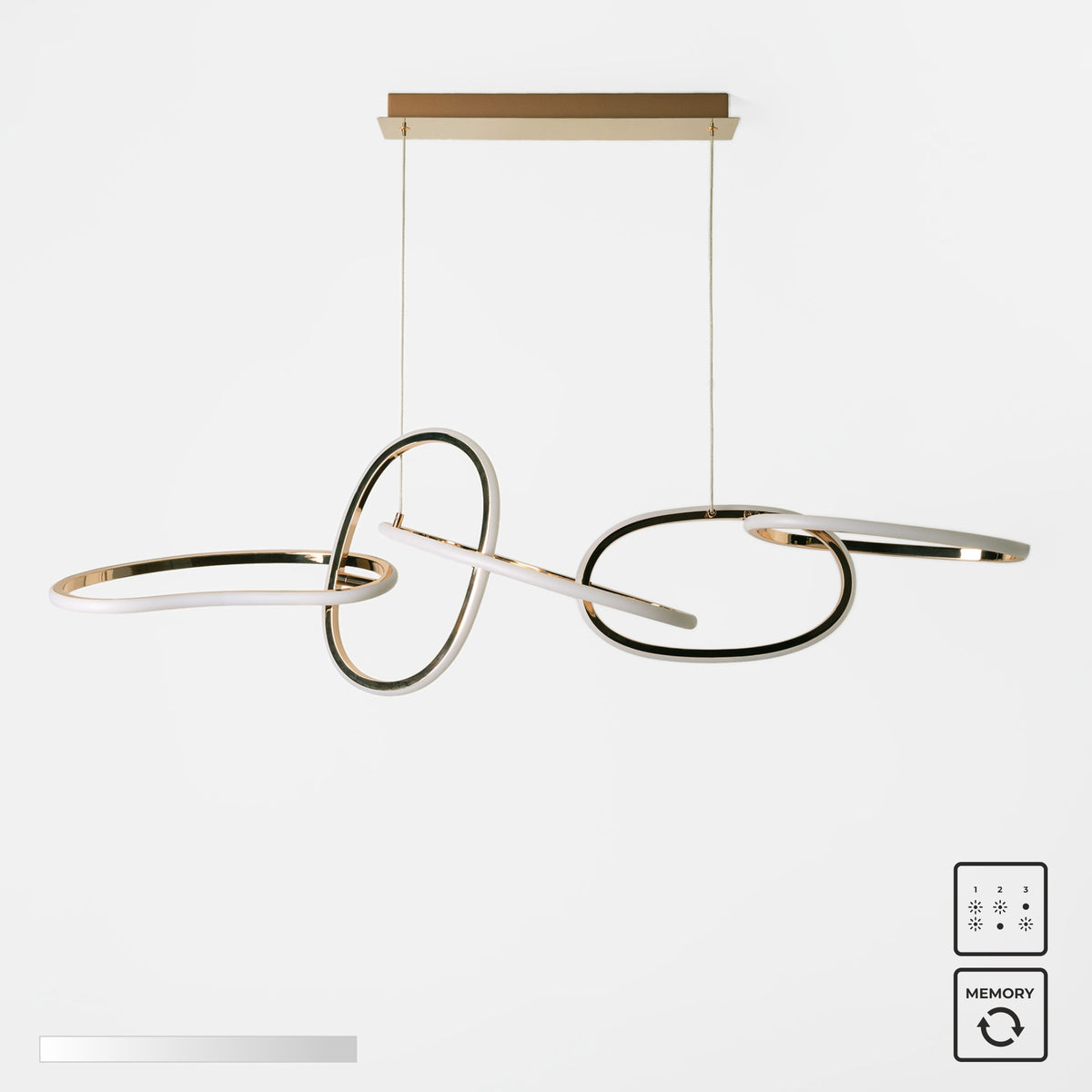 Suspension dorée aux anneaux entrelacés lumineux, vue de face avec télécommande et variateur.