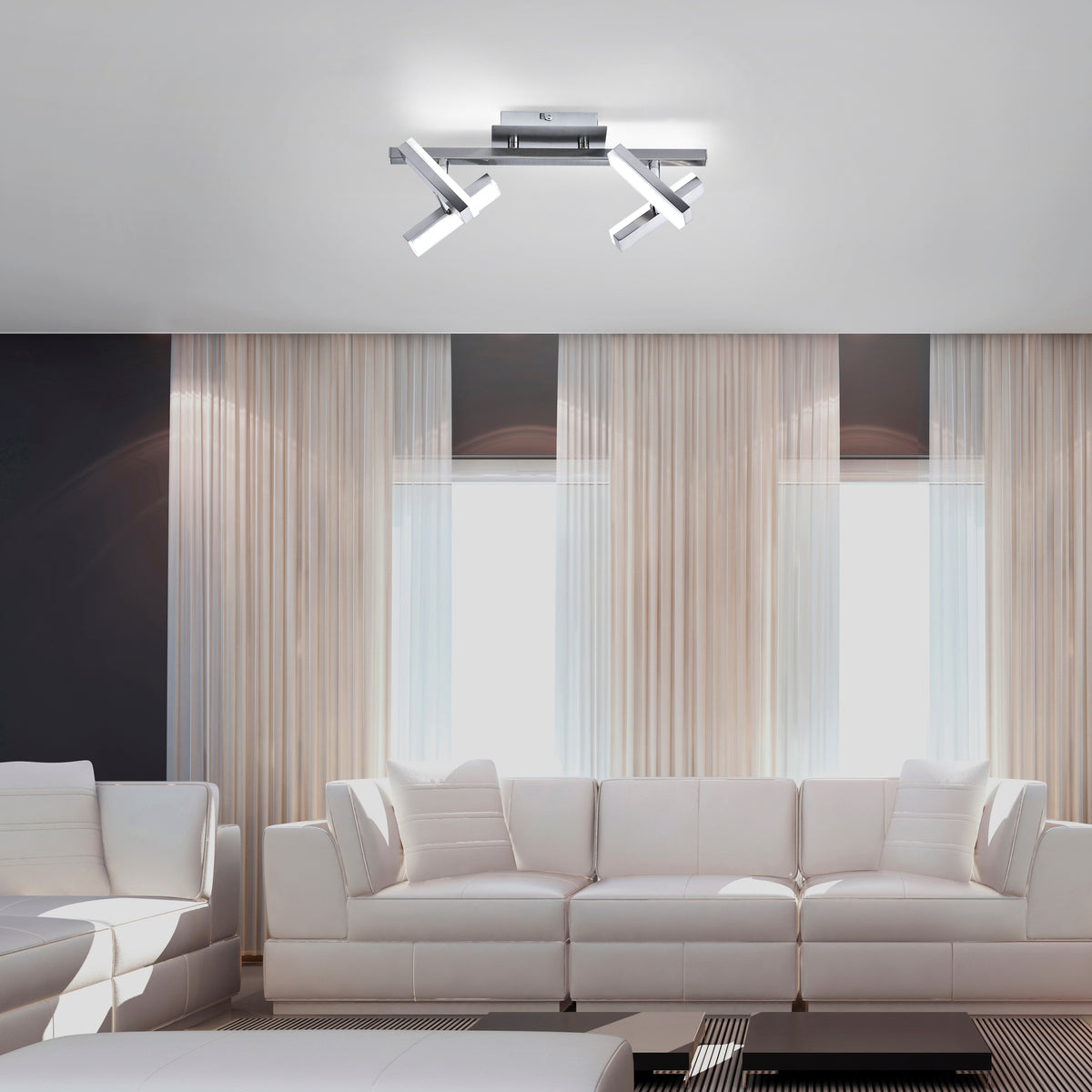 Mise en ambiance du plafonnier allumé au-dessus d'un canapé dans un salon