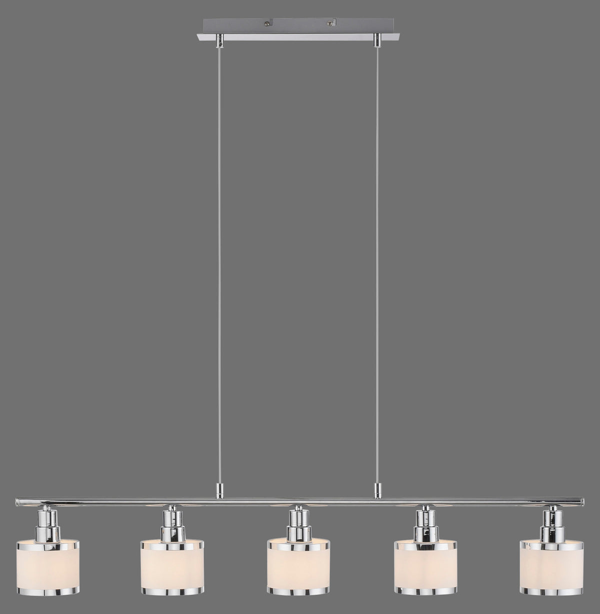 Vue de face sur fond gris des cinq luminaires suspendus alignés