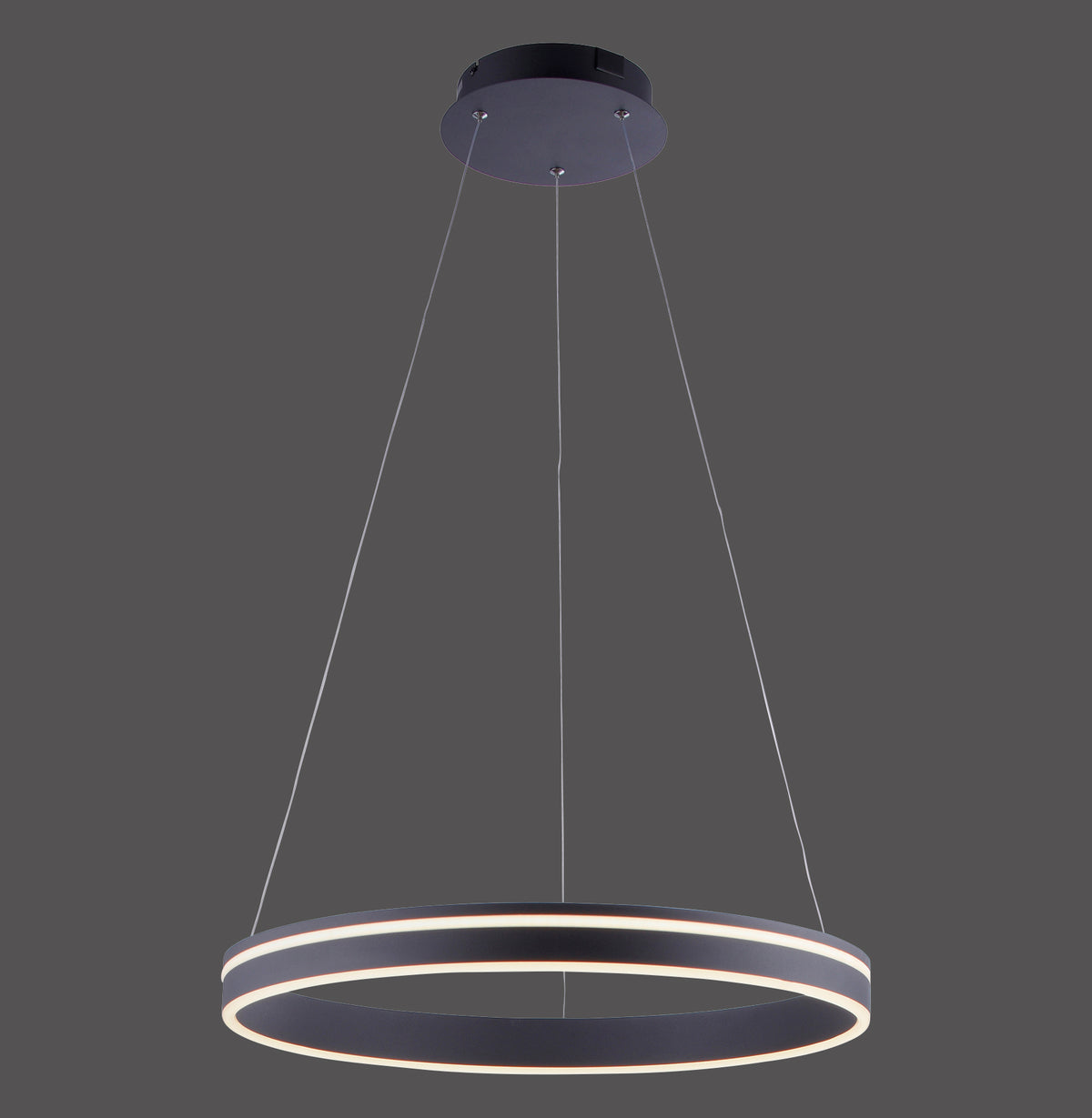 Suspension annulaire anthracite vue de face sur fond gris, câbles et rosace visibles.