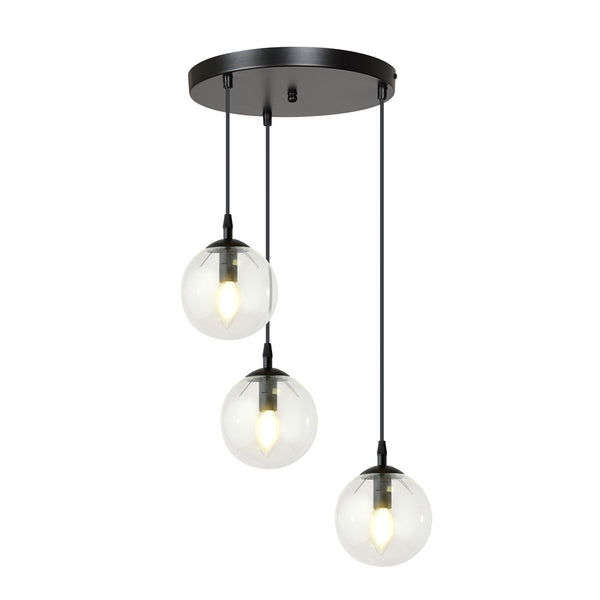 Suspension Cosmo 3 lumières noire, verre transparent, Premium