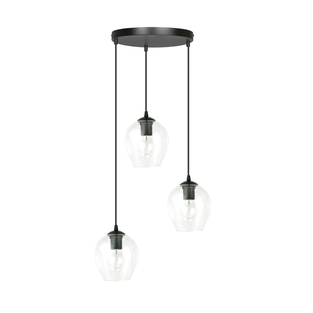 Suspension noire trois lumières éteintes, verre transparent, vue de face sur fond blanc.