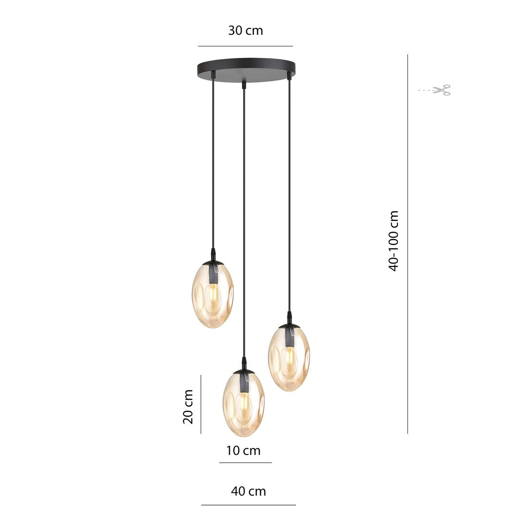 Suspension Astral 3 lumières noire, verre ambré