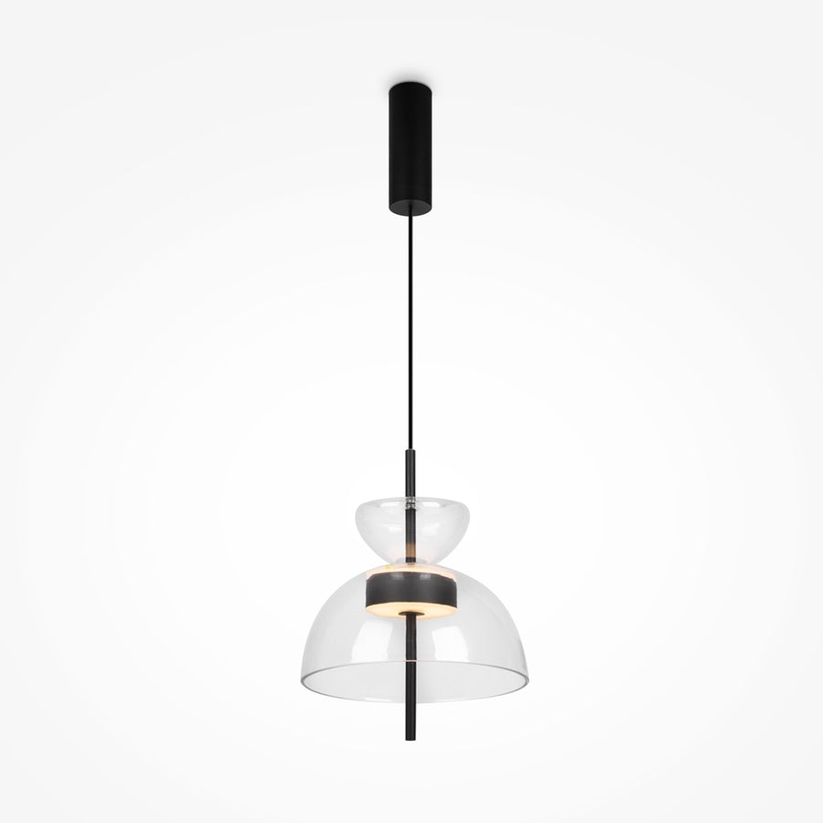 Suspension entière de profil, double abat-jour en verre transparent et tige noire