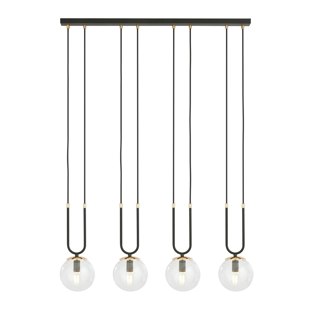 Suspension Glam 4 lumières noire, verre transparent