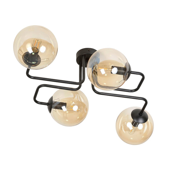Plafonnier Brendi 4 lumières noir, verre ambré