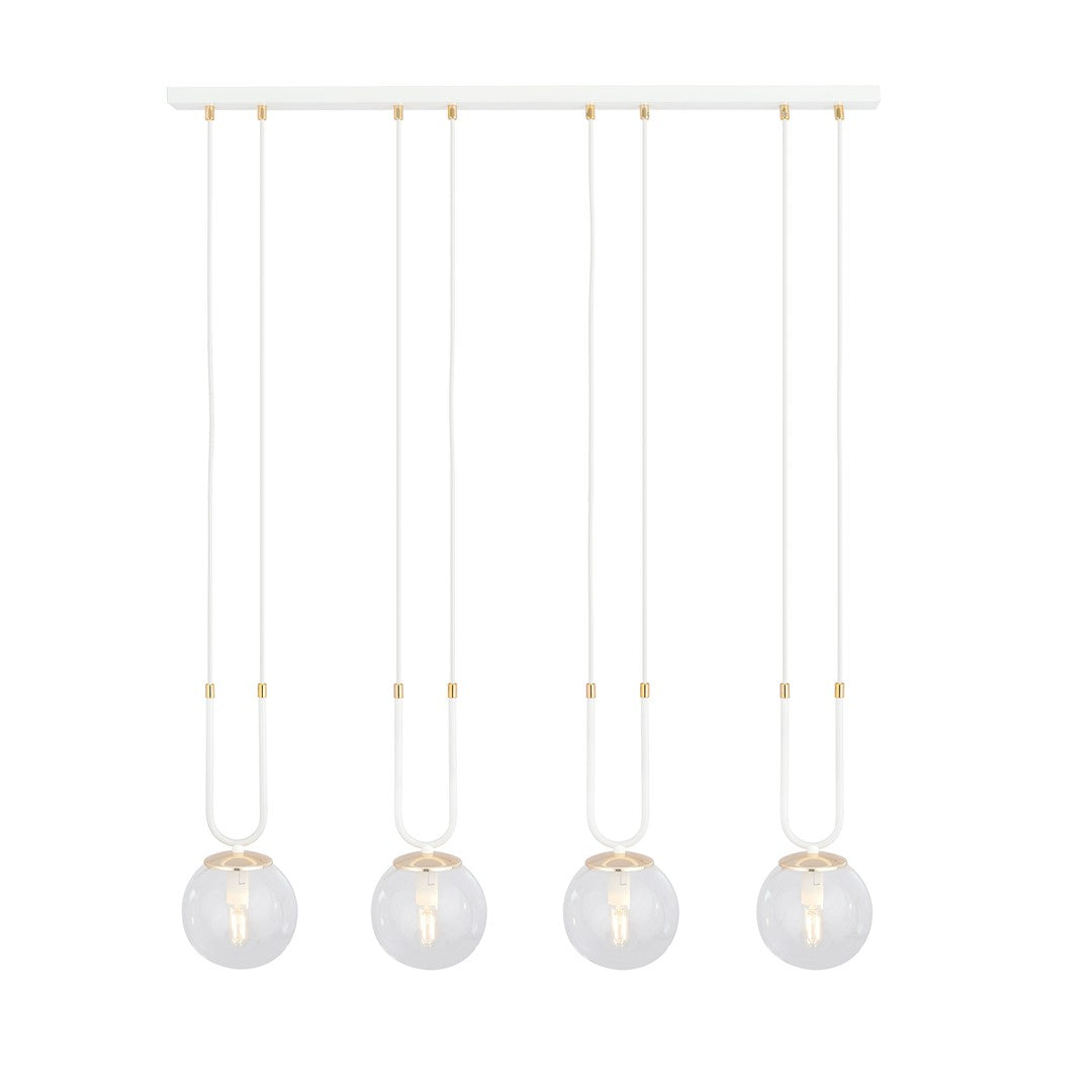 Vue de face du luminaire blanc à quatre globes de verre transparent alignés
