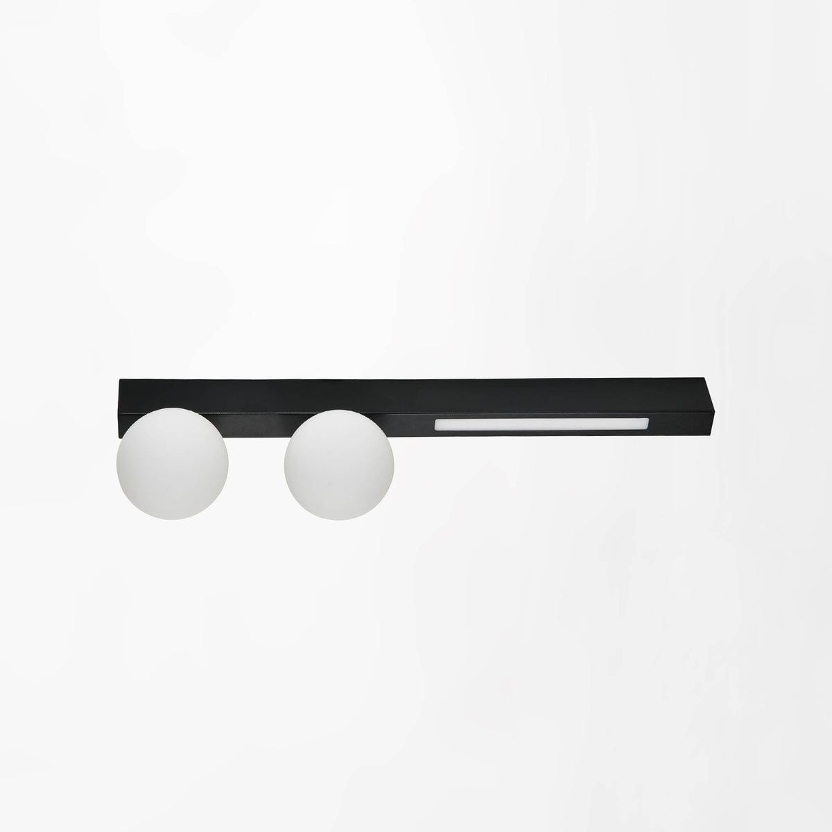 Vue de face du plafonnier noir avec deux globes en verre blanc et diffuseur LED