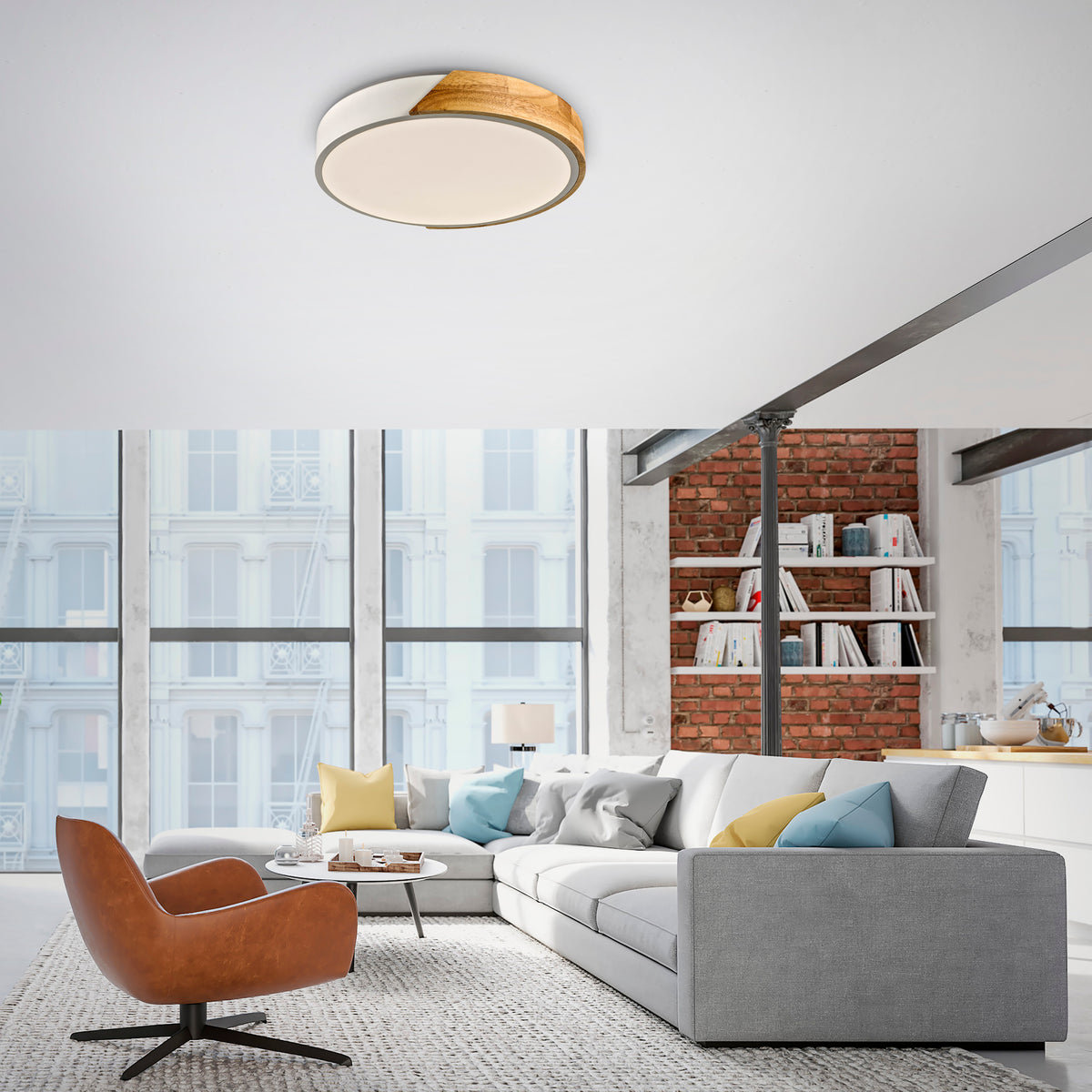 Mise en ambiance dans un salon contemporain, plafonnier allumé au plafond