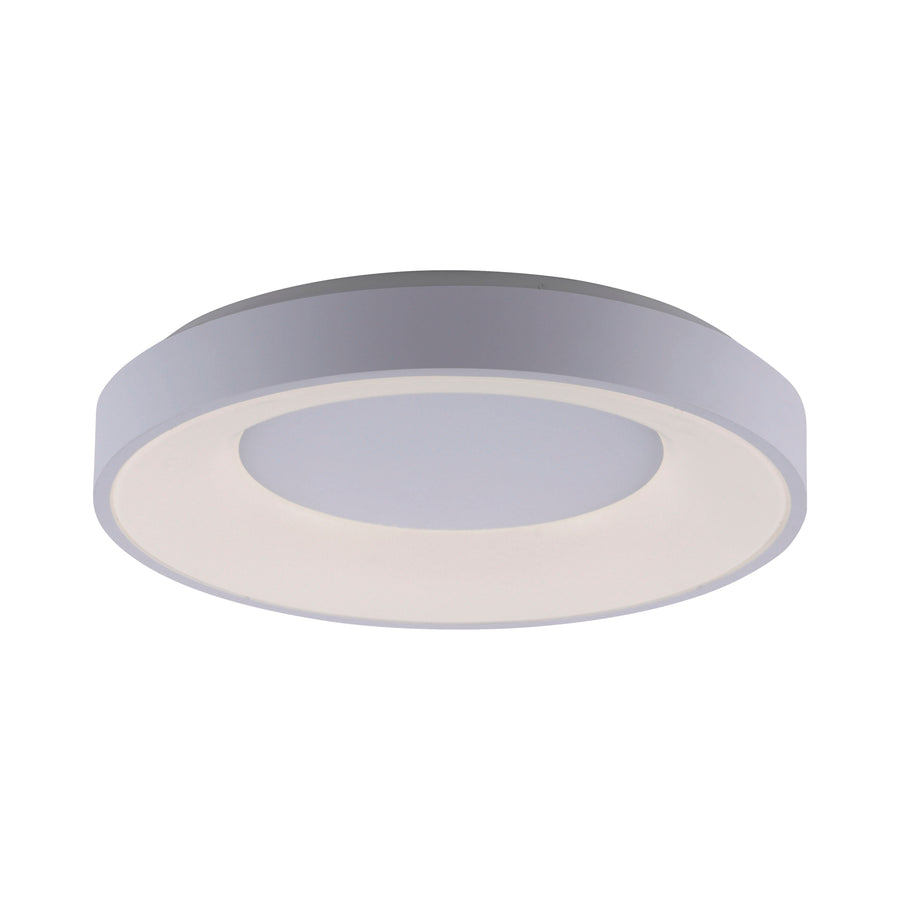 Vue de face du plafonnier blanc sur fond blanc, forme circulaire plate