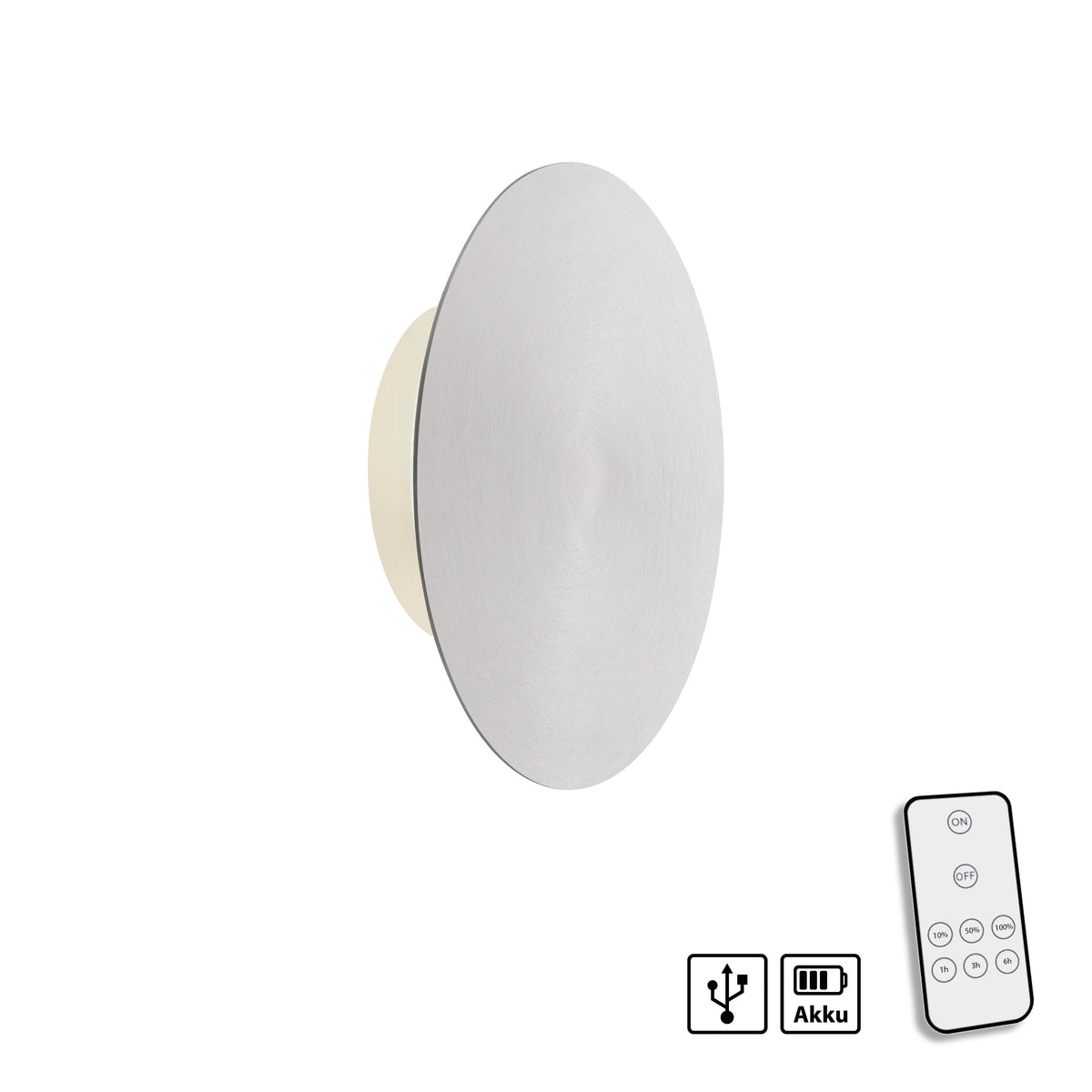 Vue de face avec télécommande et pictogrammes USB et batterie sur fond blanc.